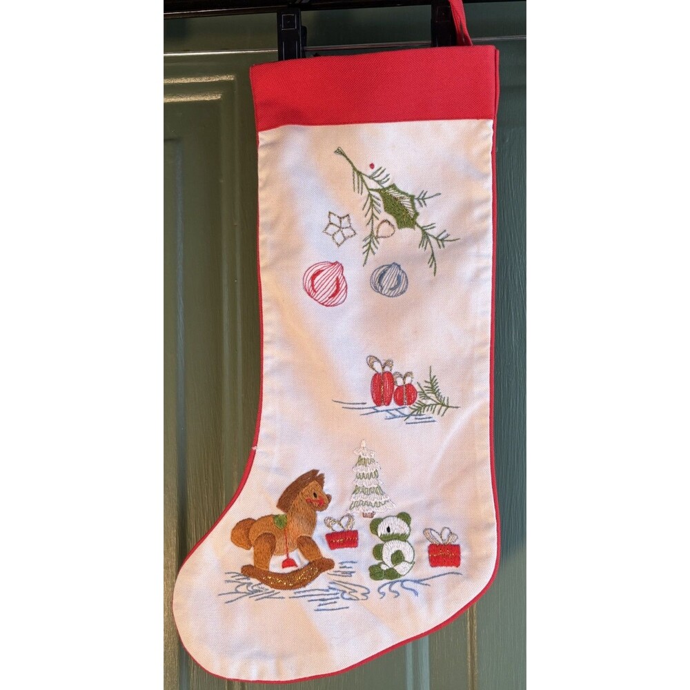 Handmade Vintage 17” Embroidered Toys Presents Christmas Stocking Red & White